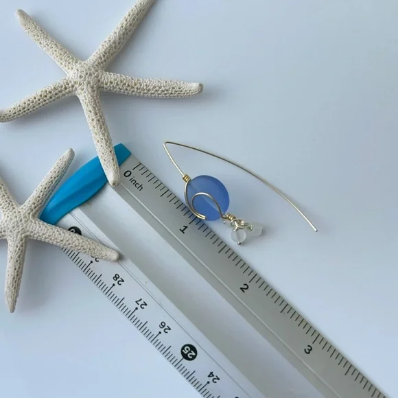 Island Wave on Full Moon Blue Sea Glass Wirework Ocean Earrings - Picture 4 of 4